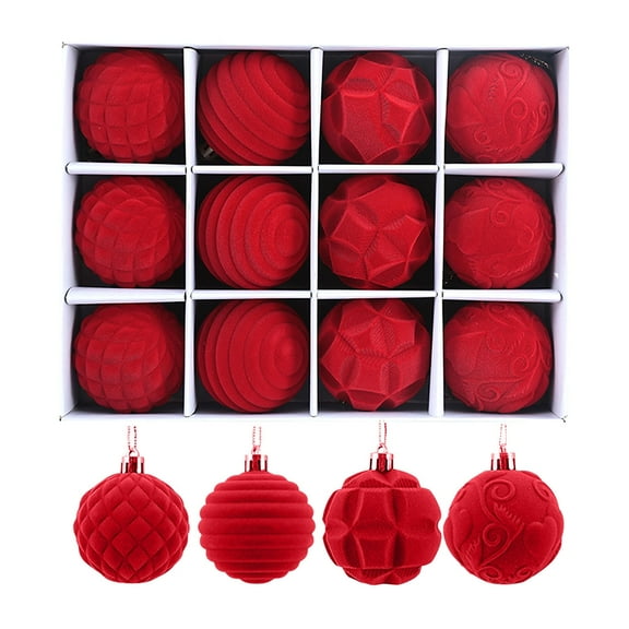 Janrevotw Christmas Tree Ornaments Velvet Balls - Pack of 12pcs Shatterproof Xmas Bulbs Decorations Set - Multicolor Red Neutral, 60mm 2.4 inch