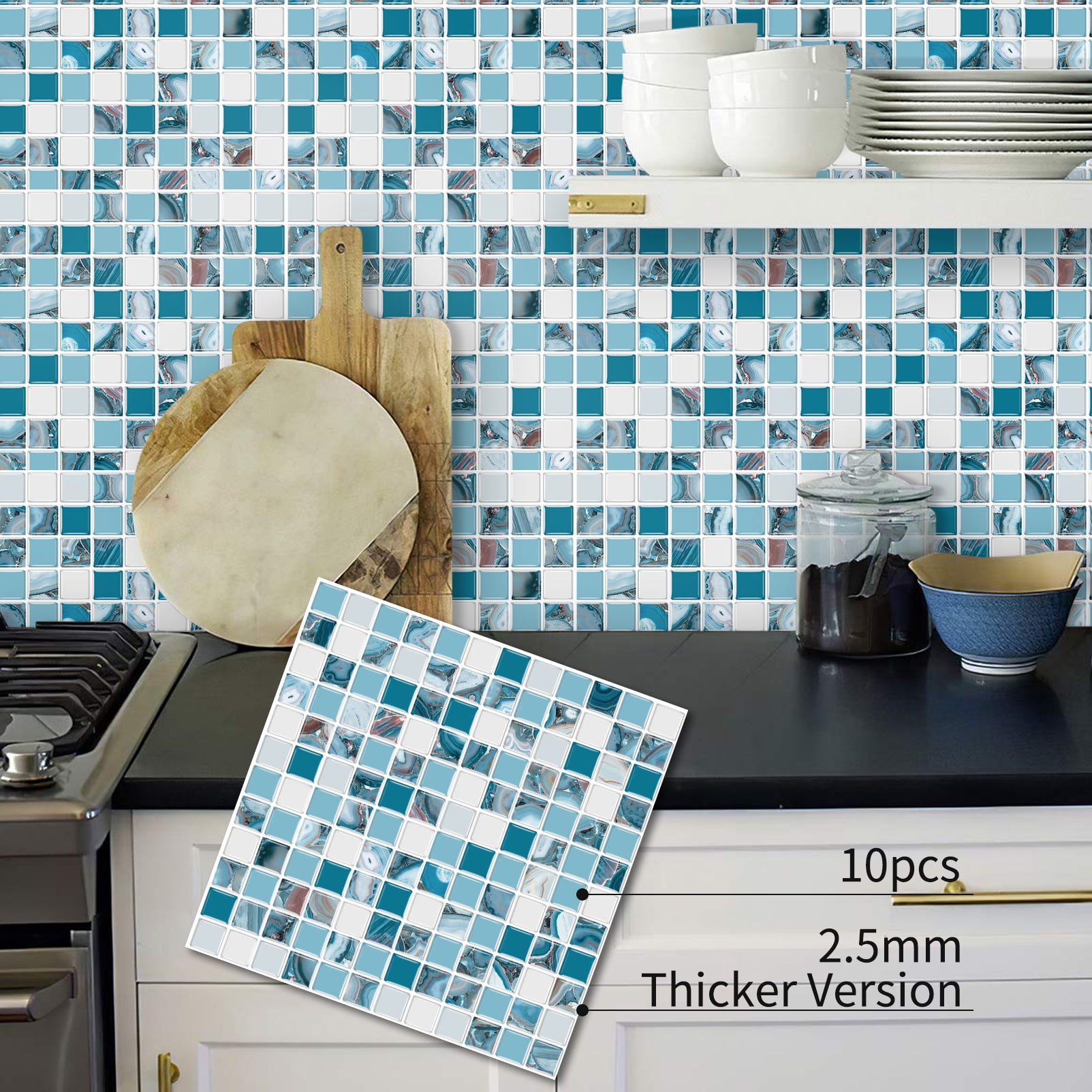 DEWOO 10 Sheet Thicker Mosaic Peel and Stick Backsplash Tile Removable Self Adhesive Wall Tiles for Bathroom Kitchen Counter (12"×12",Blue)