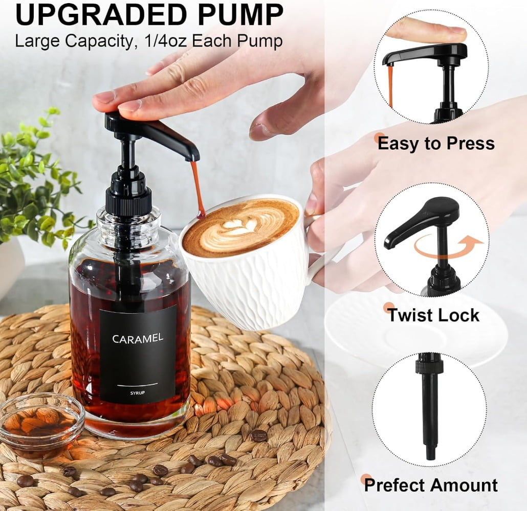 Senya Coffee Syrup Dispense, Glass Coffee Syrup Pump Dispenser with 1/4oz Large Capacity Pump