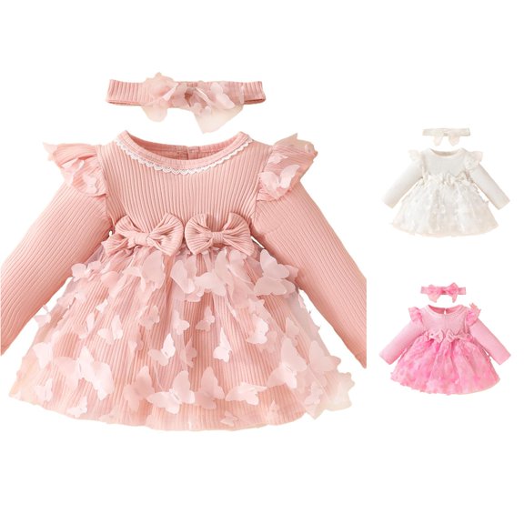 Vividxx Girls Dresses Ruffled Long Sleeve Dress with Headband Fashion Bow Ribbed Fall Dress for Toddler Party 2-3 Years