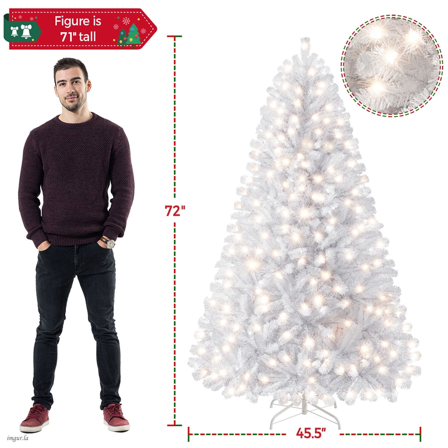 Alden Design 6FT Pre-lit Artificial Hinged Christmas Fir Tree with Stand and 300 LED Warm Lights,White