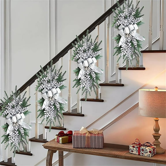 TUTUnaumb 1PC Christmas Swag Wreath Rattan Base Xmas Wreath Bow Berry Stairway Swag Trim, Hanging Stair Teardrop Swag Garlands, Christmas Wreaths Decor for Front Door Holiday Wall Window 23.6"-Silver