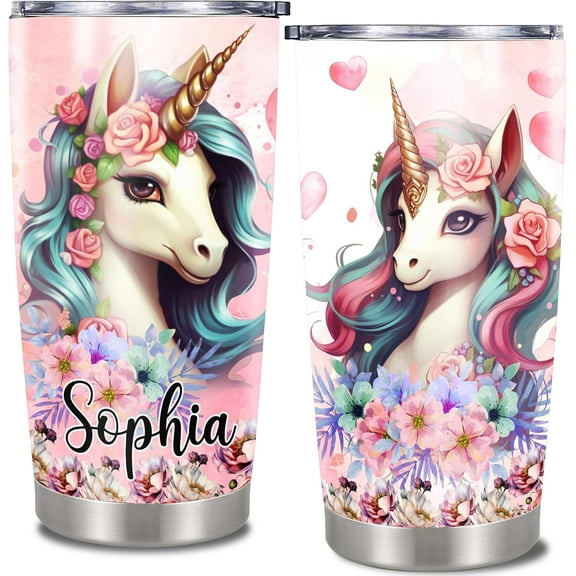 Personalized Unicorn Tumbler With Lid Cute Gifts for Kids Women Daughter Girl Customized Name Travel Coffee Cup Stainless Steel Insulated Cup Birthday Christmas Back To School