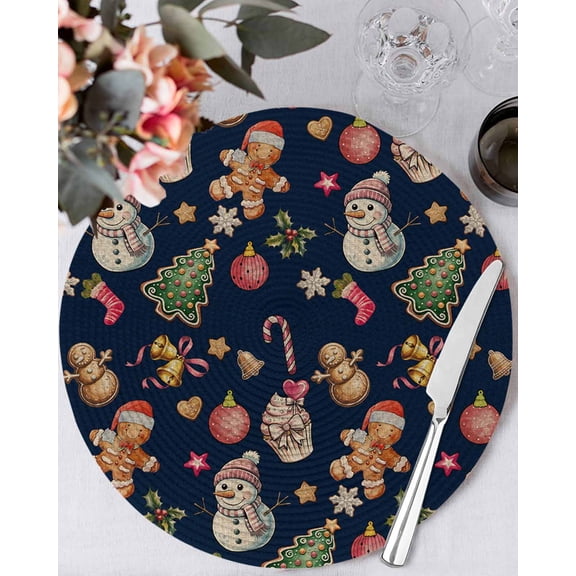 15 Inch Round Placemats Set of 6, Navy Blue Christmas Non Slip Heat Insulation PP Table Mats, Xmas Tree Balls Snowman Gingerbread Washable Place Mats for Kitchen Dining Party Table Decor