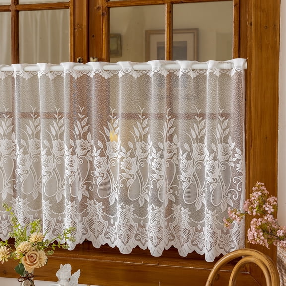 Faty-T 1 Panel White Lace Sheer Valances for Windows Farmhouse Floral Embroidered Rod Pocket Small Semi Sheer Window Curtains Treatment for Bedroom,Living Room,Kitchen,Basement,Cafe