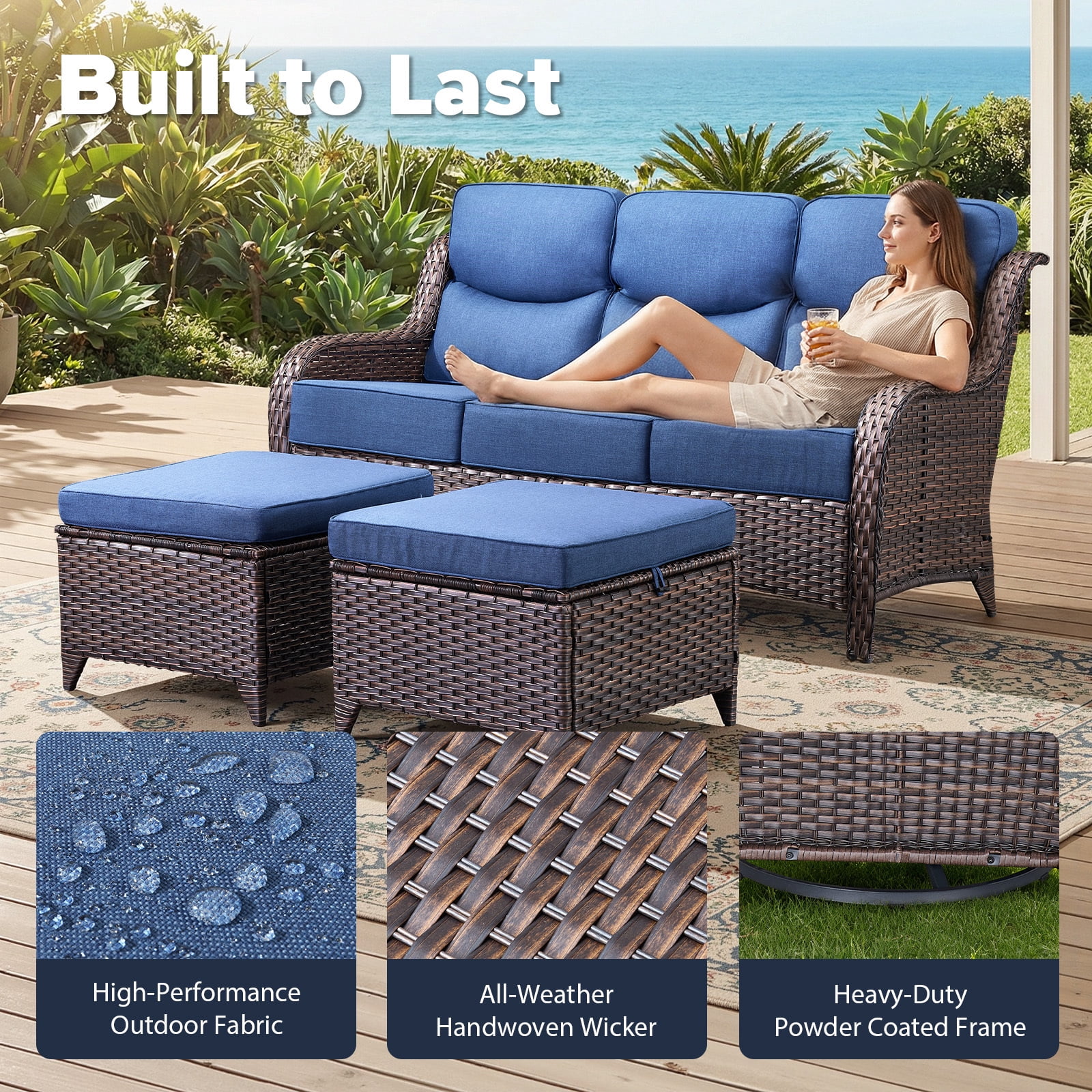 Bellefurn 6 Pieces Luxury Outdoor Patio Furniture Sets Outdoor Conversation Sets with Swivel Rocker Patio Chairs with 6" Thick Cushion,Sofa and Glass Coffee Table for Porch Deck Backyard Poolside