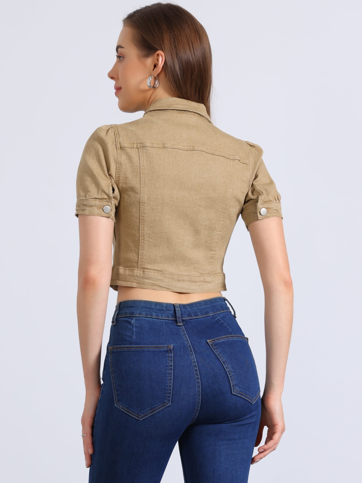 DARING DIVA Women's Cropped Jackets Puff Button Down Washed Denim Jean Jacket XL Khaki