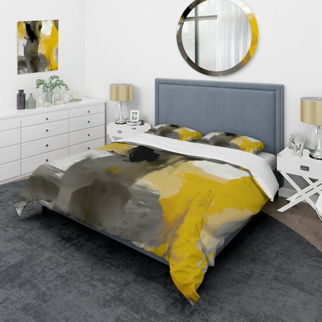 Designart "Sunlit Yellow with Vivid Gray II" Abstract Bedding Covert Set - Modern White Bed Set With 2 Shams