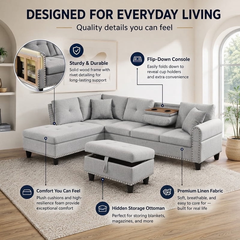 98" L-Shaped Sectional Sofa with Storage Ottoman, 4-Seat Linen Upholstered Modular Couch with Left Chaise, Drop-Down Backrest with Cup Holders, Nailhead Trim, 3-Piece Sofa Set for Living Room, Office