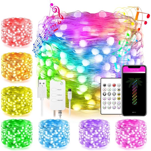 Cadena de luces LED inteligentes para dormitorio que funcionan con Google Home, luces de hadas musicales, control remoto por aplicación, múltiples modos, luces parpadeantes de cobre para el