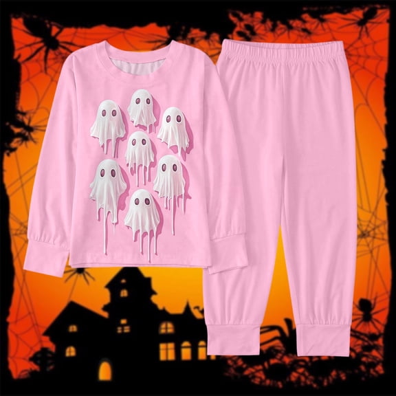 CUZIBR Baby Halloween Pajamas Girls Long Sleeve Ghost Graphic Loungewear Sets Crew Neck Top And Pants 2 PC Set Cute Sleepwear,Pink,2-3 Years