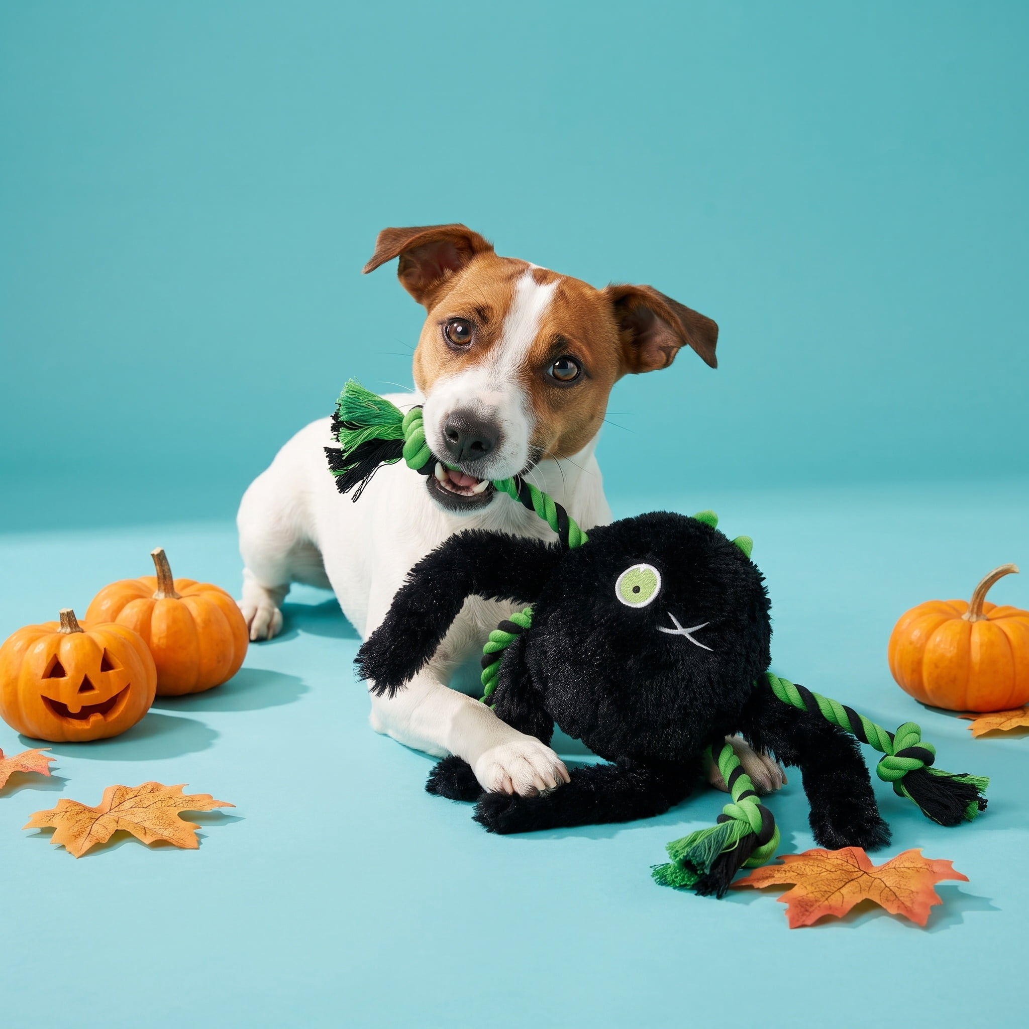 Vibrant Life Halloween Black and Green Creepy Crawla Spider Plush Dog Toy with Ropes, Chew Level 2