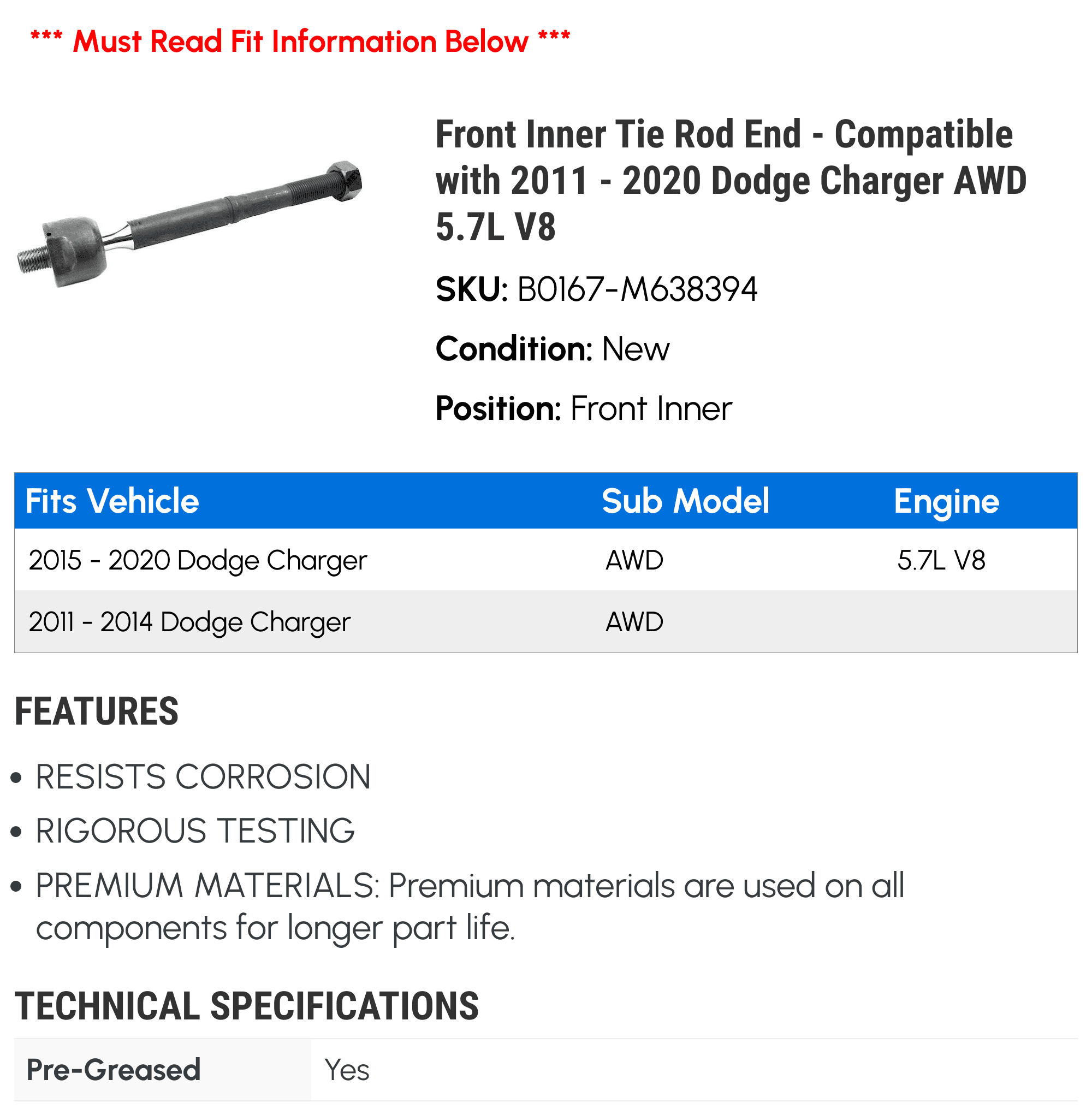 Front Inner Tie Rod End - Compatible with 2011 - 2020 Dodge Charger AWD 5.7L V8 2012 2013 2014 2015 2016 2017 2018 2019
