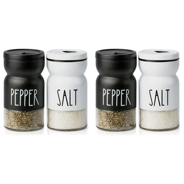 2X Farmhouse Salt and Pepper Shakers Set with Adjustable Lids featuring a clean farmhouse design. The set includes two black 'Pepper' shakers and two white 'Salt' shakers, each with a narrowing neck for easy grip and a clear glass bottom for quick refills. The shakers offer three adjustable pour settings for light, medium, and heavy dispensing. Made from premium glass with black and white painted exteriors, these shakers are ideal for modern farmhouse kitchen decor. Packaged beautifully, they make a great gift for housewarming or weddings. Handwash only.