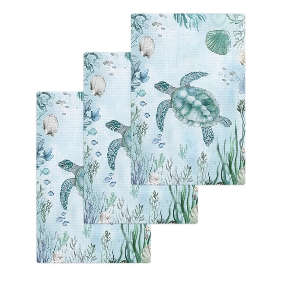 Coastal Turtle Kitchen Dish Towels for Drying Dishes Set of 3, Beach Nautical Seashells Seaweed Coral Waffle Weave Microfiber Hand Tea Bathroom Towels Quick Dry & Absorbent Towel 15.7x23.6