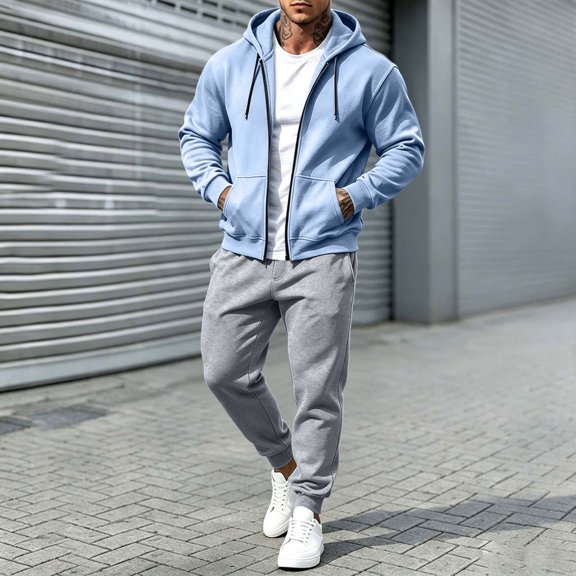 Mens 2 Piece Suits Full Zipper Drawstring Hooded Sweatshirts Elastic Waist Joggers Solid Color Fashion Comfy Outfits Light Blue XXXL