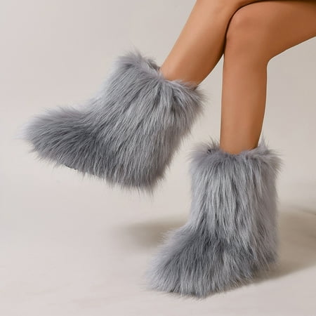 Women s Fur Boot Furry Fluffy Short Snow Boot Mid-Calf Boots Warm Comfortable Outdoor Flat Shoes for Winter