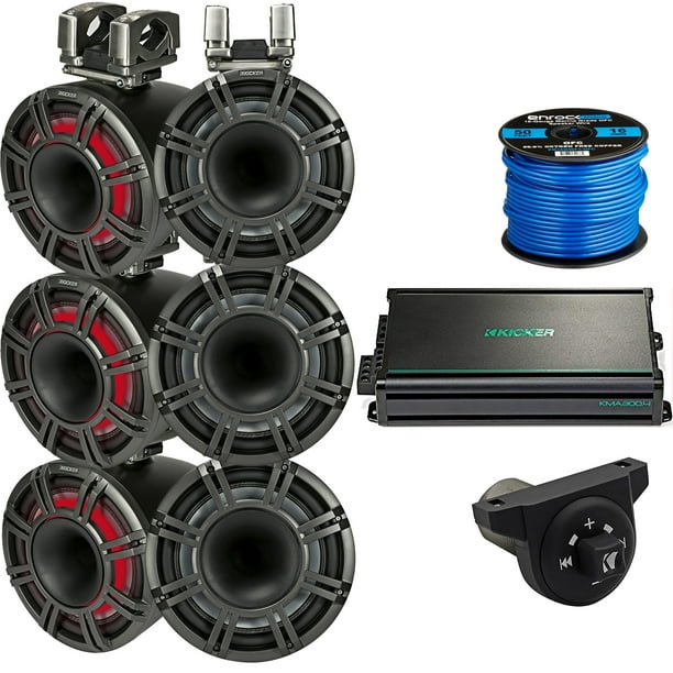 6 x Kicker 10" LED HornLoaded Tower Speakers (Charcoal), KMA300.4 4Channel 4x75 Watt Weather