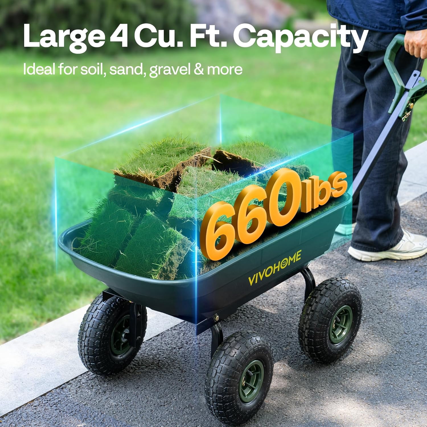 SPECSTAR 4 Cu.Ft. 660lbs. Poly Garden Cart Dump Wagon, with 2-in-1 Convertible Handle, 10" All Terrain Wheels,Quick Release System,Heavy Duty Utility Trailer Dump Cart for Yard,Landscaping,Warehouses