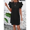 thumbnail image 4 of Black Women Solid Color Round Neck Puff Sleeve Casual A-Line Mini Dress, 4 of 7
