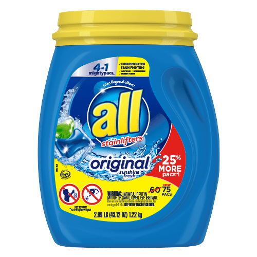 all with Stainlifters Original Mighty Pacs Laundry Detergent Pacs, 4 in 1 Stainlifters, One Tub, 75 Count