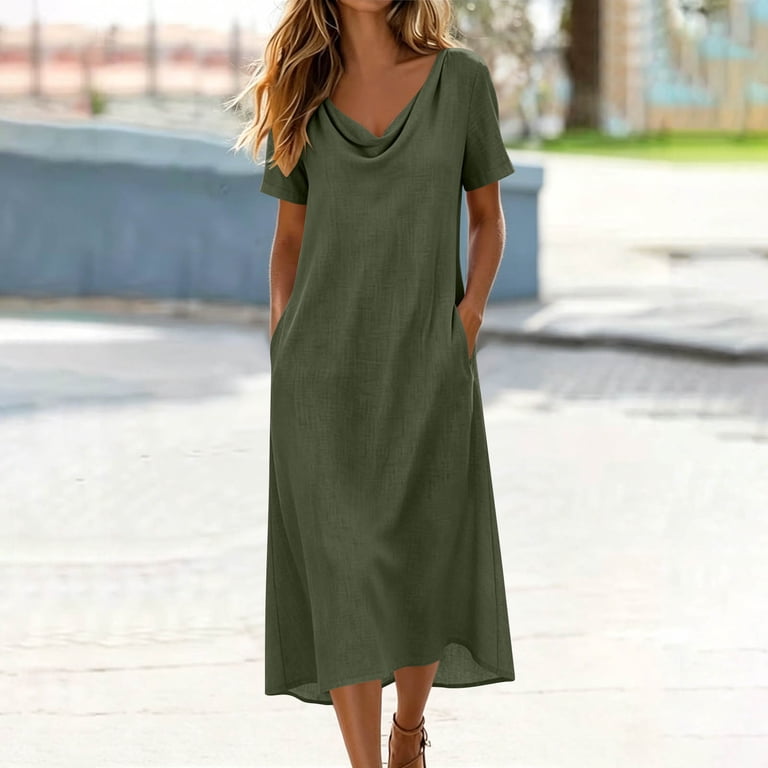 cowl neck dress casual VBVC Women's Short Sleeve Cowl Neck Dress , Summer Casual Going Out Dresses  For Women,Ladies' Loose Flowy Midi Dress with Pockets,Army Green,S-2XL