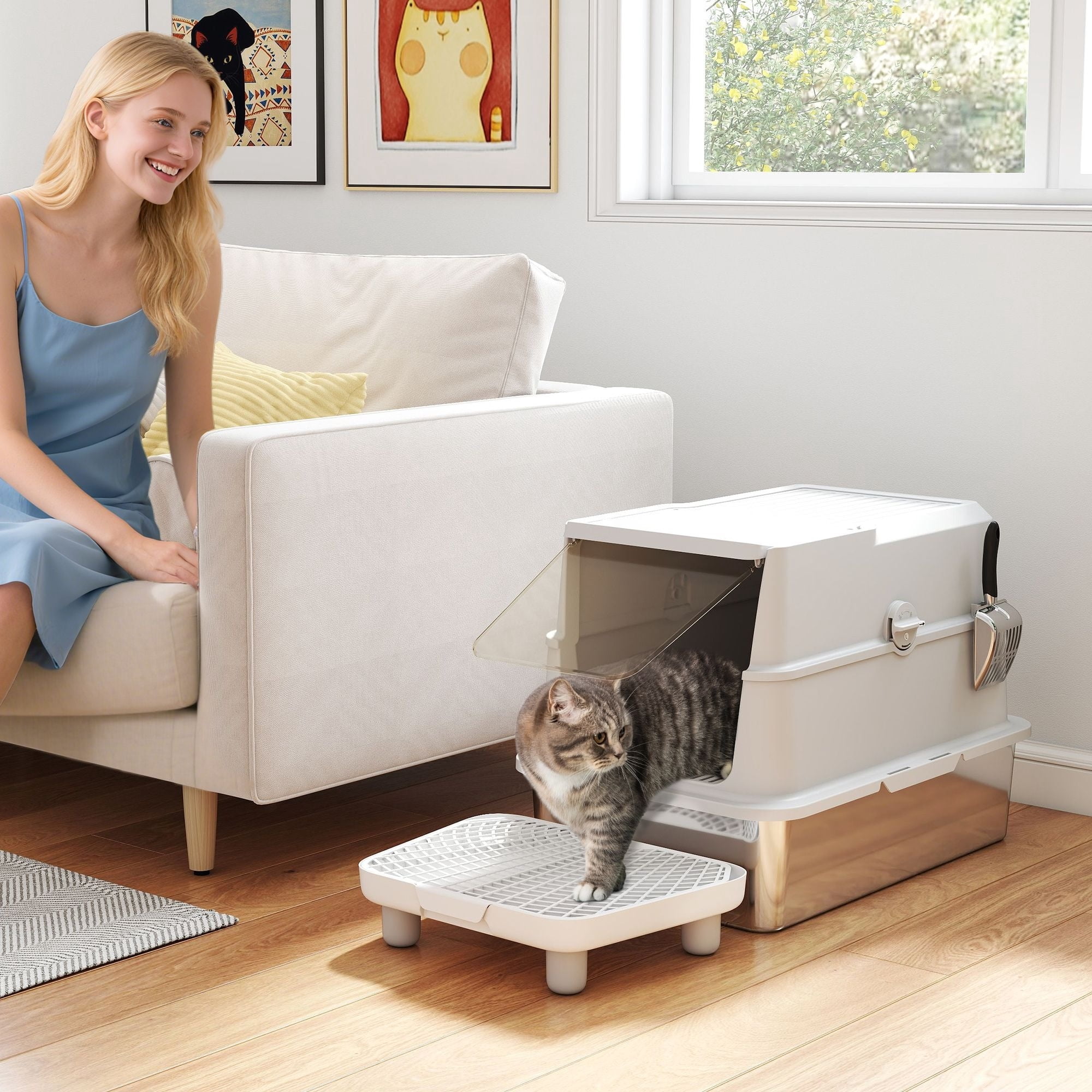 Dranite XL Stainless Steel Litter Box, Flip Cover, High Sides, Scoop