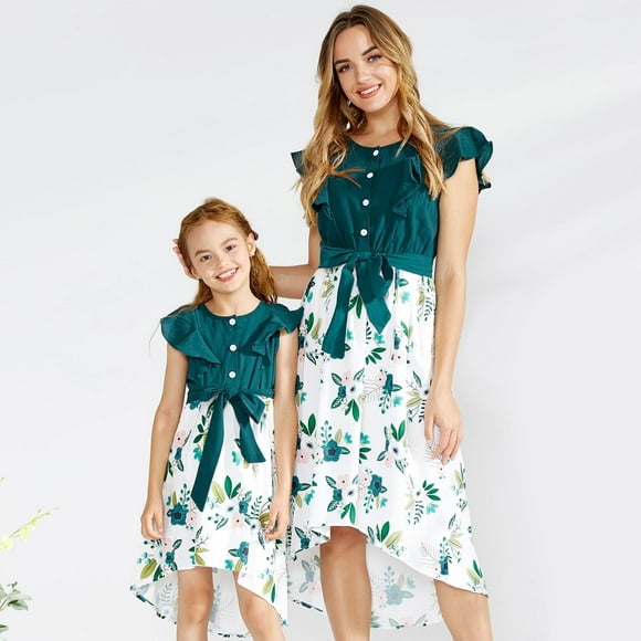 PatPat Famille Correspondant Robes Vert Enfant Fille 4-5T Vert Foncé Correspondant Floral Couture Midi Robes, Robes de Fille