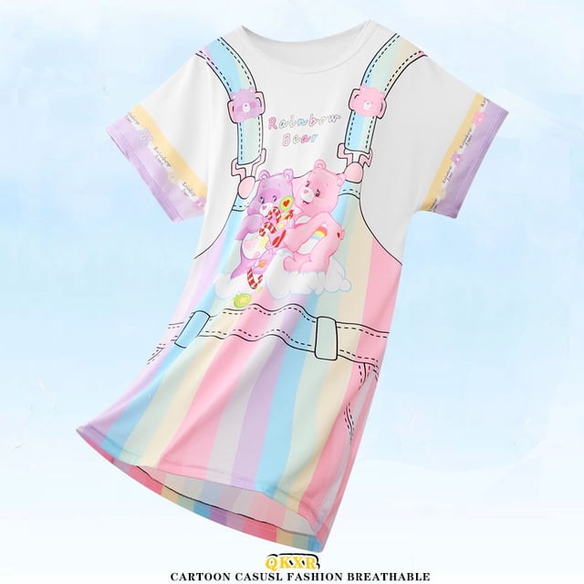 Pijamas infantiles de verano para niñas, lindos pijamas de manga corta con cuello redondo de dibujos animados, ropa de hogar holgada y delgada para niñas de talla mediana y niños mayores