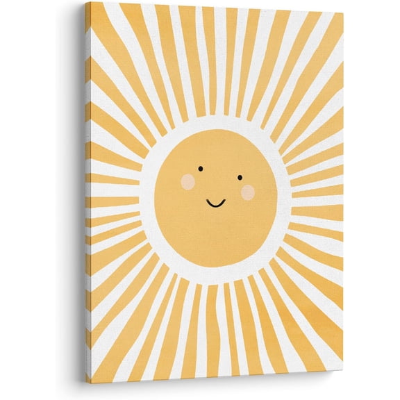 Cute Cartoon Smiling Sun Cheerful Nursery Wall Art Canvas Prints,Watercolor Boho Neutral Sun Sunshine Wall Art Decor for Kids Baby Bedroom Nursery Playroom, 11 x 14 Inch, Framed