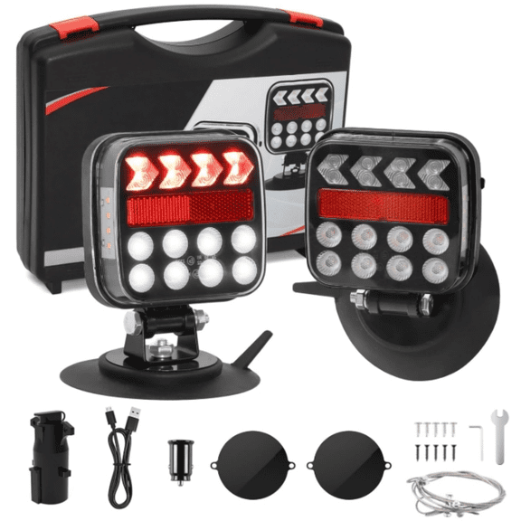 Wireless Trailer Lights, 5-in-1 LED Tail Lights with Emergency Strobe - Brake/Turn/Reverse/License Plate Light, Magnetic & Suction Cup Mount for Trailers, Trucks, RVs, Boats