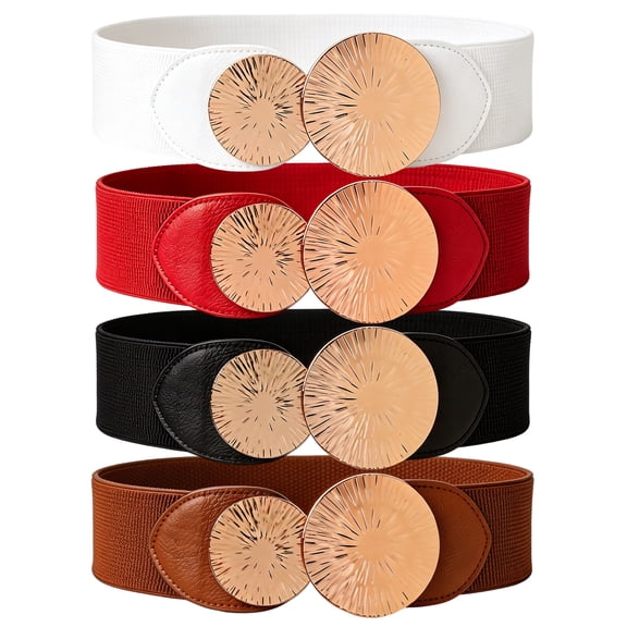 4 Pack Women’s Wide Stretch Elastic Waist Belt, Oversized Plus Size Gold Round Buckle Cinch Belt, Retro Wide Waistband for Dresses Coats