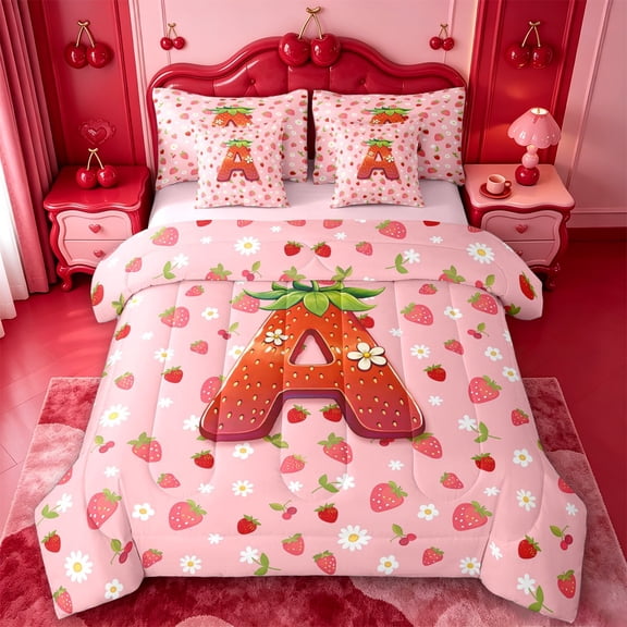 meiyoeat Strawberry Floral Monogram A 7-Piece Twin Bedding,3D Cartoon Cute Fruit Bedding Comforter Set For Girl,Pink Reversible