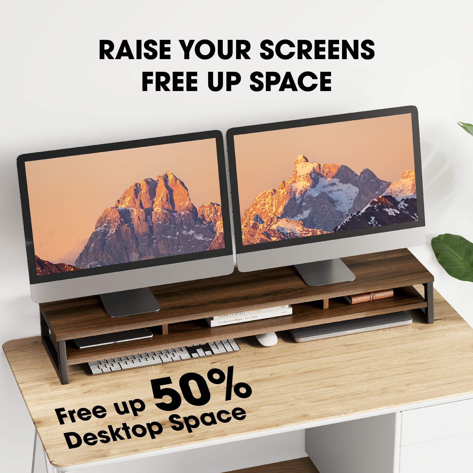 Fenge 42.5" Large Dual Monitor Stand, 2-Tier Desk Riser with Storage for Computers and Printers