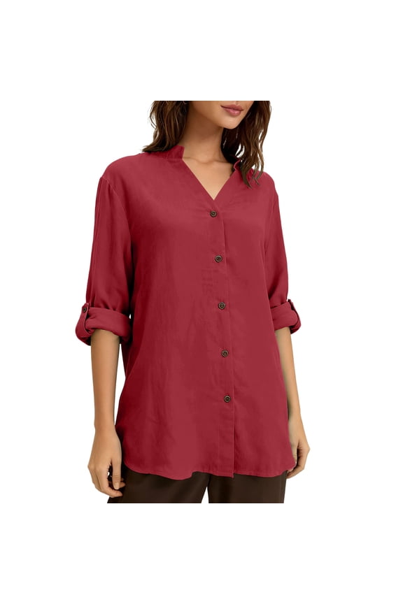 Womens Casual Loose Fit V Neck Top - Breathable Cotton Linen Blend Blouse with Roll Tab Long Sleeves - Red,Size 4XL