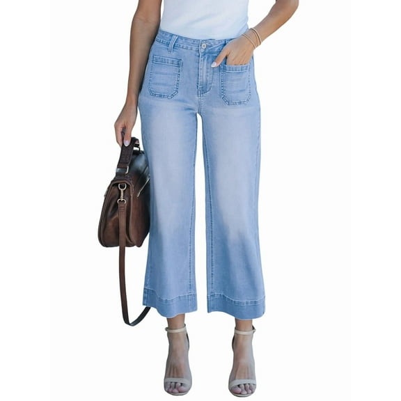 Women Trendy High Waisted Flare Wide Leg Jeans Cropped Denim Pants Stretchy Baggy with Patch Pockets Light Blue S