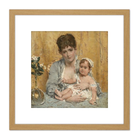 Alfred Stevens Mother And Child Painting 8X8 Inch Square Wooden Framed Wall Art Print Picture with Mount