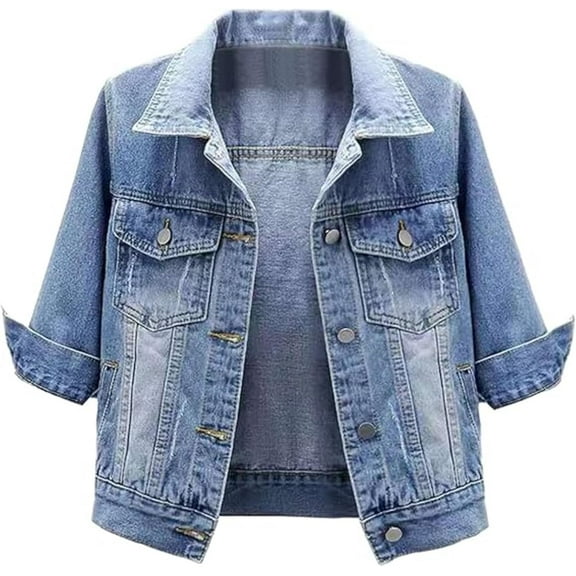 NANAHuang 3/4 Sleeve Short Jean Jackets for Womens Trendy Lapel Button Down Cropped Denim Jacket Trucker Coats with Pockets