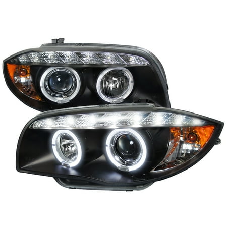 Dual Halo Projector Headlights w/ LED Light Strip (Black Housing/Clear Lens) Made for and Compatible with 2004-2013 BMW E81 E82 E87 E88