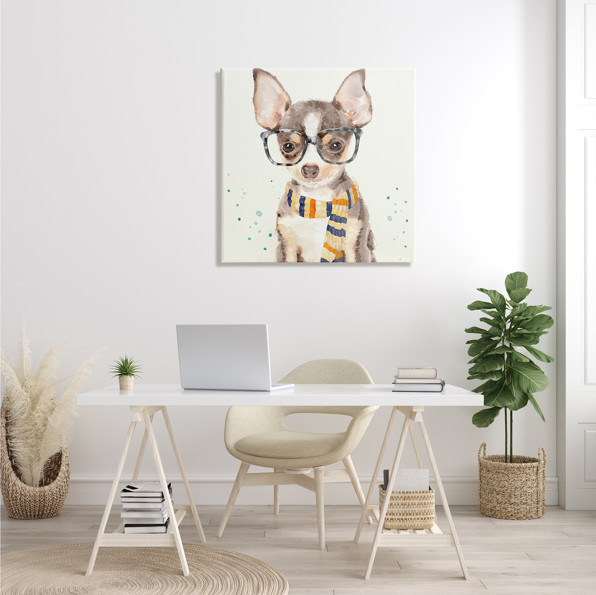 The Stupell Home Decor Collection Hipster Chihuahua Puppy With Glasses And Scarf Watercolor XL Stretched Canvas Wall Art, 30 x 1.5 x 30