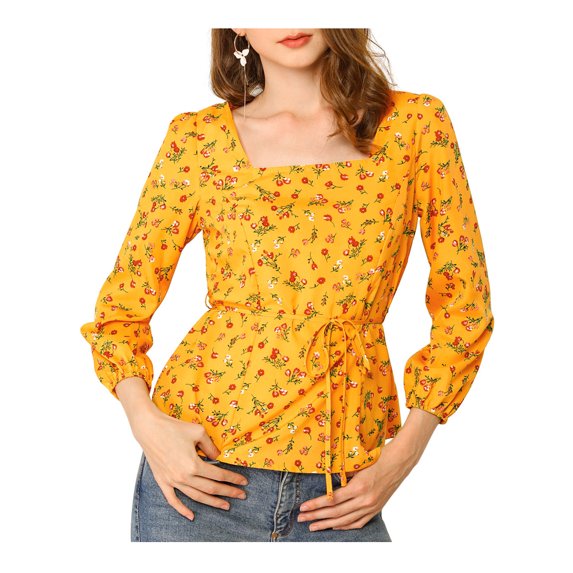 Allegra K Women's Floral Square Neck Long Sleeves Tie Waist Blouse