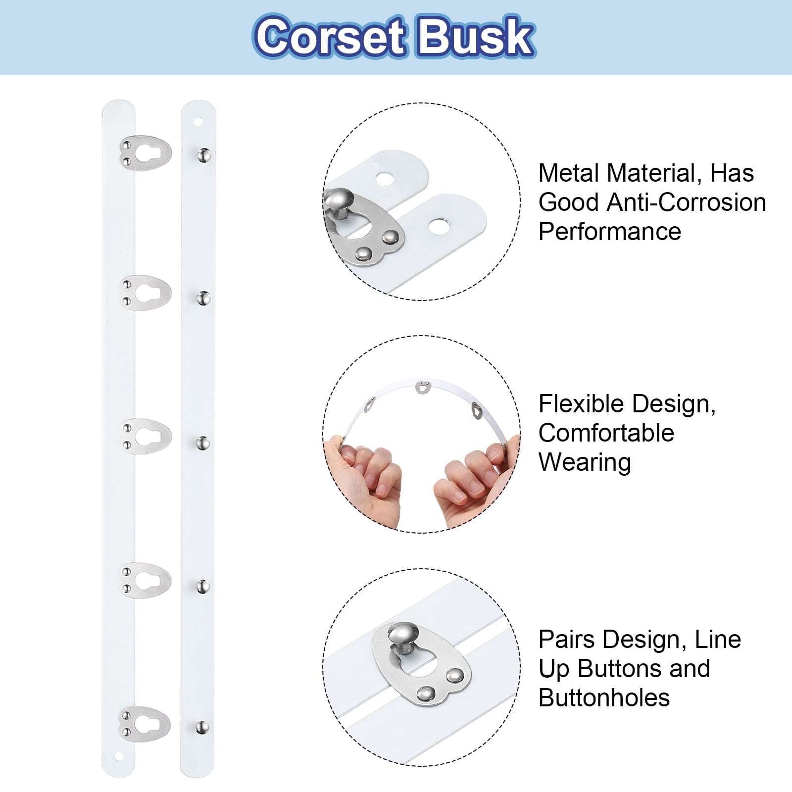 8 Pairs Corset Busk, 10.6" Metal Spring Steel Boning Support with 5 Buttons 0.5 Width