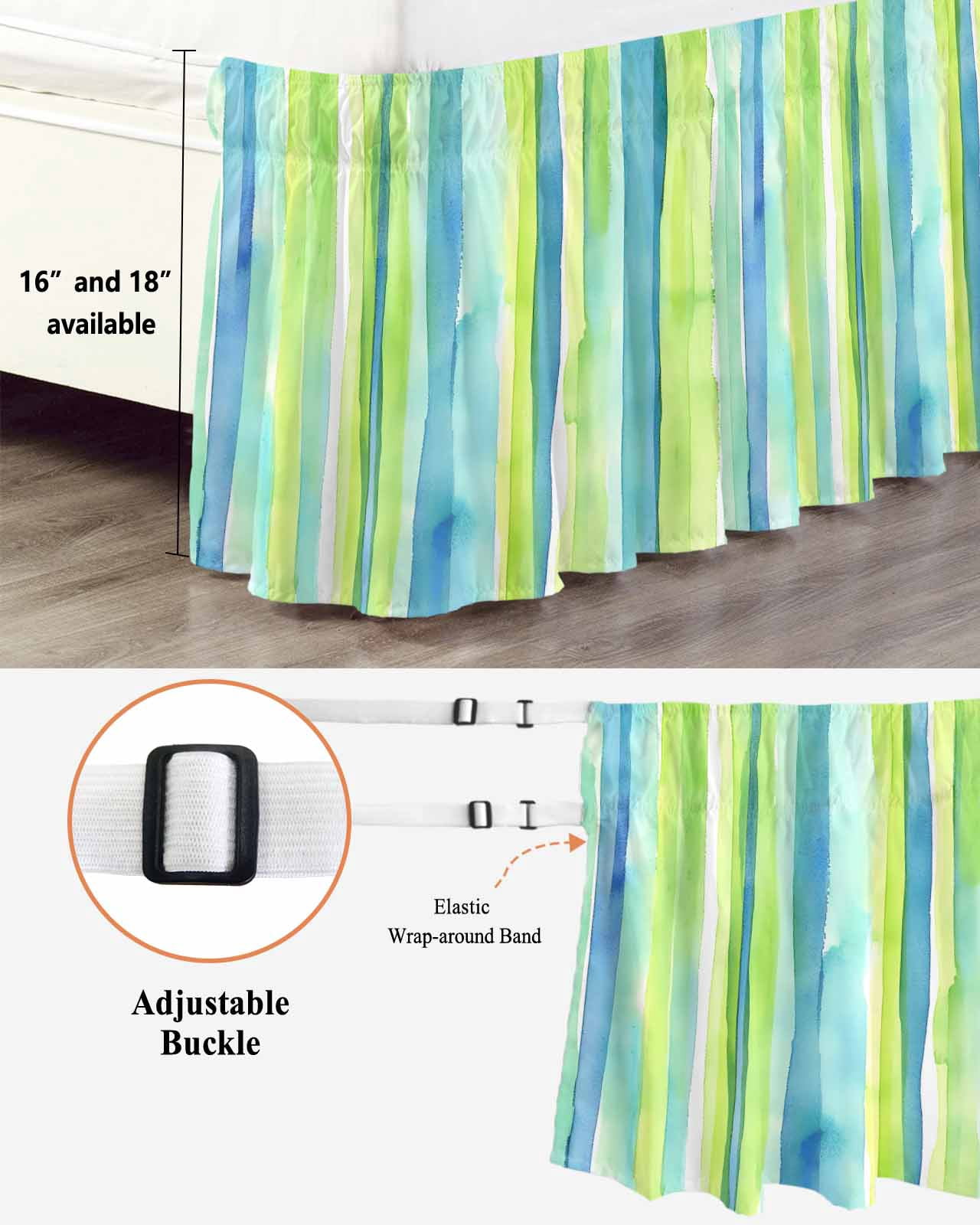 Green Yellow Striped Bed Skirt Queen Size 18" Drop Abstract Art Watercolor Ombre Ruffled Wrap Around Bed Skirts Adjustable Elastic Bedskirt Dust Ruffle for Queen Size Bed