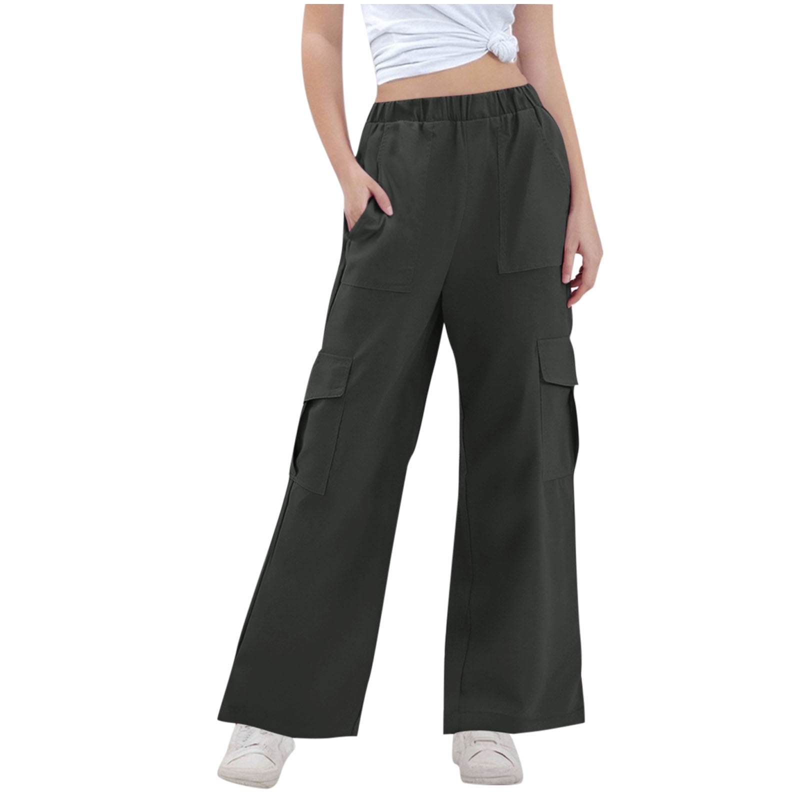 StSilkitty Cargo Pants for Boys Girls Solid Color High Waist Elastic Wide Leg Pants Lightweight Soft Trousers with Pockets