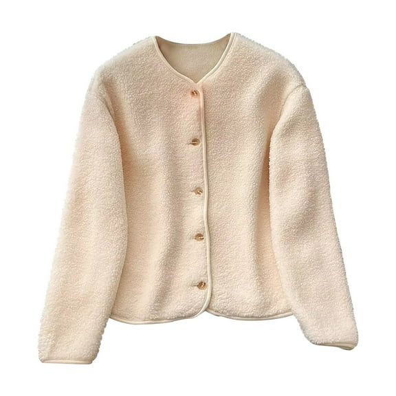 Cardigan Sweaters for Women Fleece Long Sleeve Coat Button Jacket Solid Color Winter Outwear Fuzzy Casual Sweatshirt (Beige L)
