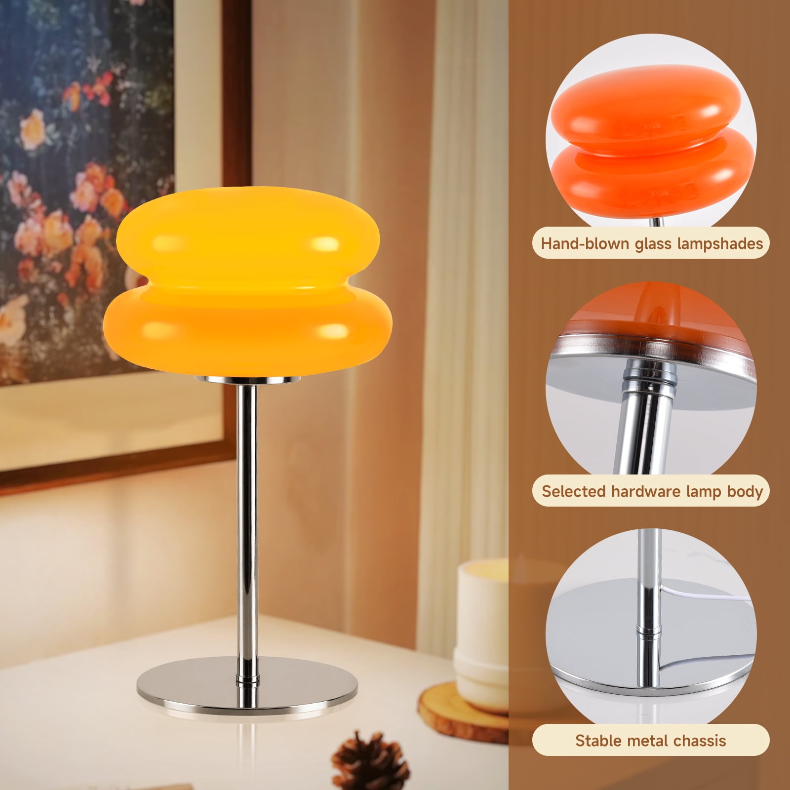 Mushroom Lamp for Bedroom,Mid Century Modern Lamp for Nightstand, Dimmable Retro Egg Tart Bedside Small Lamps,Unique Home Mushroom Decor Aesthetic Cute Table Lamps for Living Room (Orange)