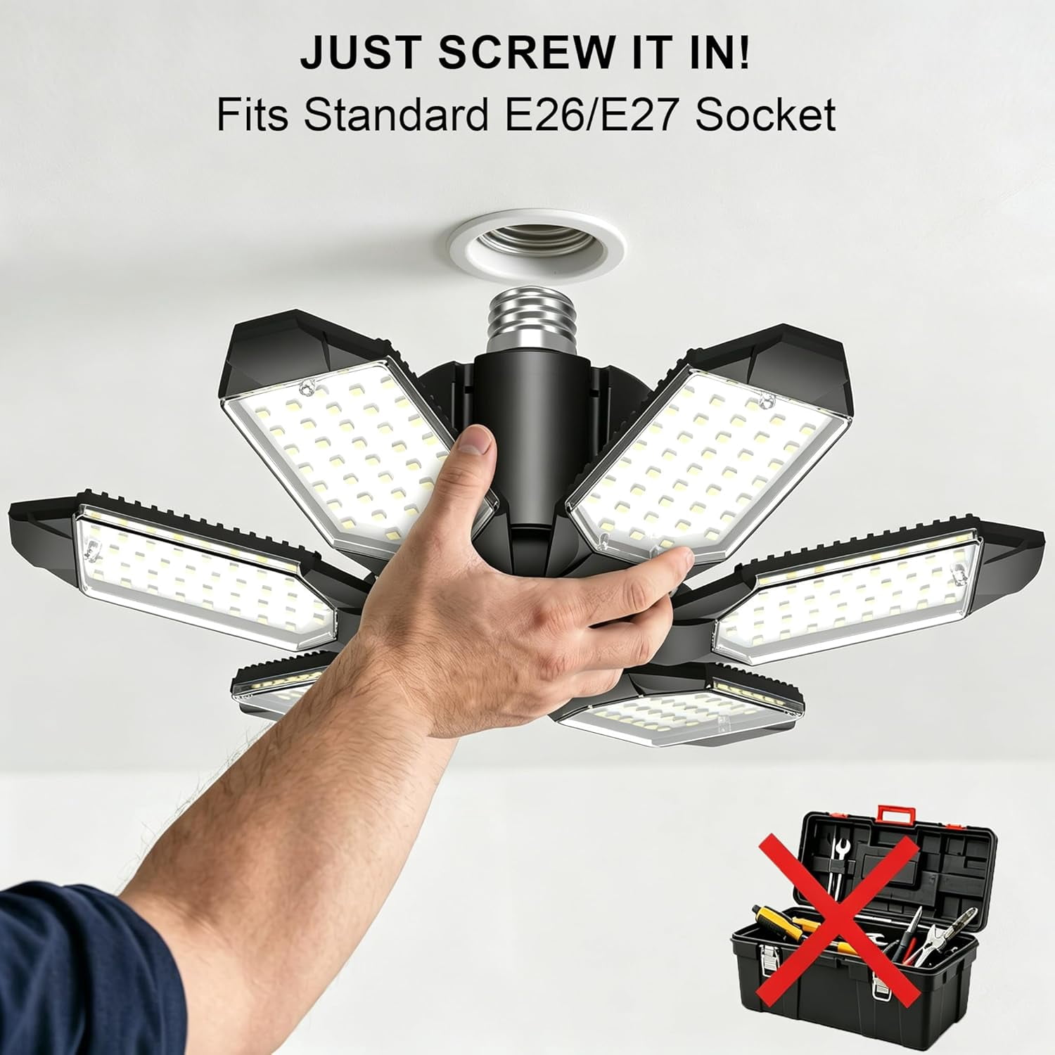 100W LED Garage Lights, 10000LM Ultra Bright Shop Light with 6+1 Adjustable Panels, 6500K Daylight E26/E27 Screw-in Deformable Ceiling Light Bulb for Workshop, Barn, Basement, Warehouse