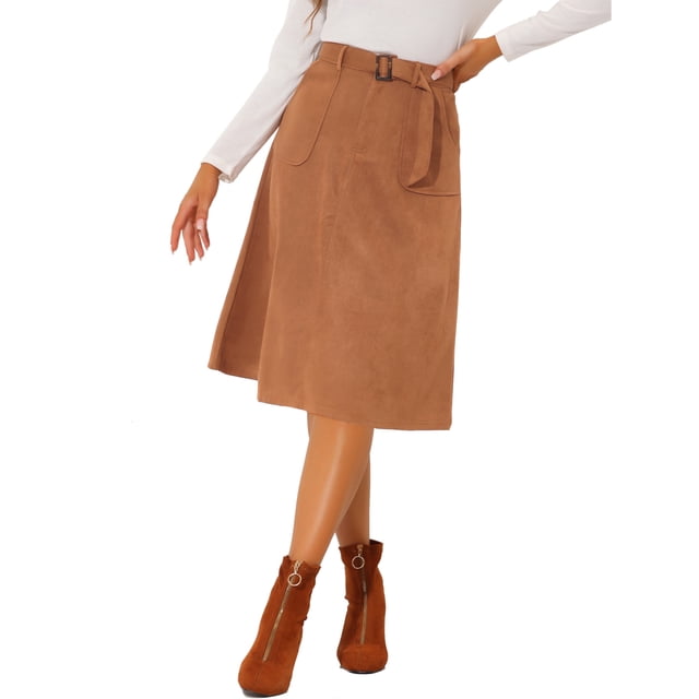 Falda midi elástica Allegra K con bolsillos de ante sintético Caramelo XL