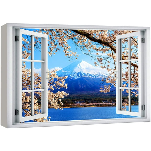 wall26 Canvas Print Wall Art Window View Japanese Sakura Cherry Blossom Mt. Fuji Wilderness Nature Photography Realism Scenic Landscape Colorful Multicolor for Living Room, Bedroom, Office - 24x36