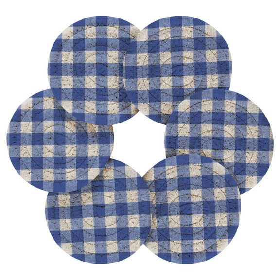 Round Placemats Set of 6 Heat Resistant Washable Kitchen Table Decorations 15.4in Deep Blue Checkered